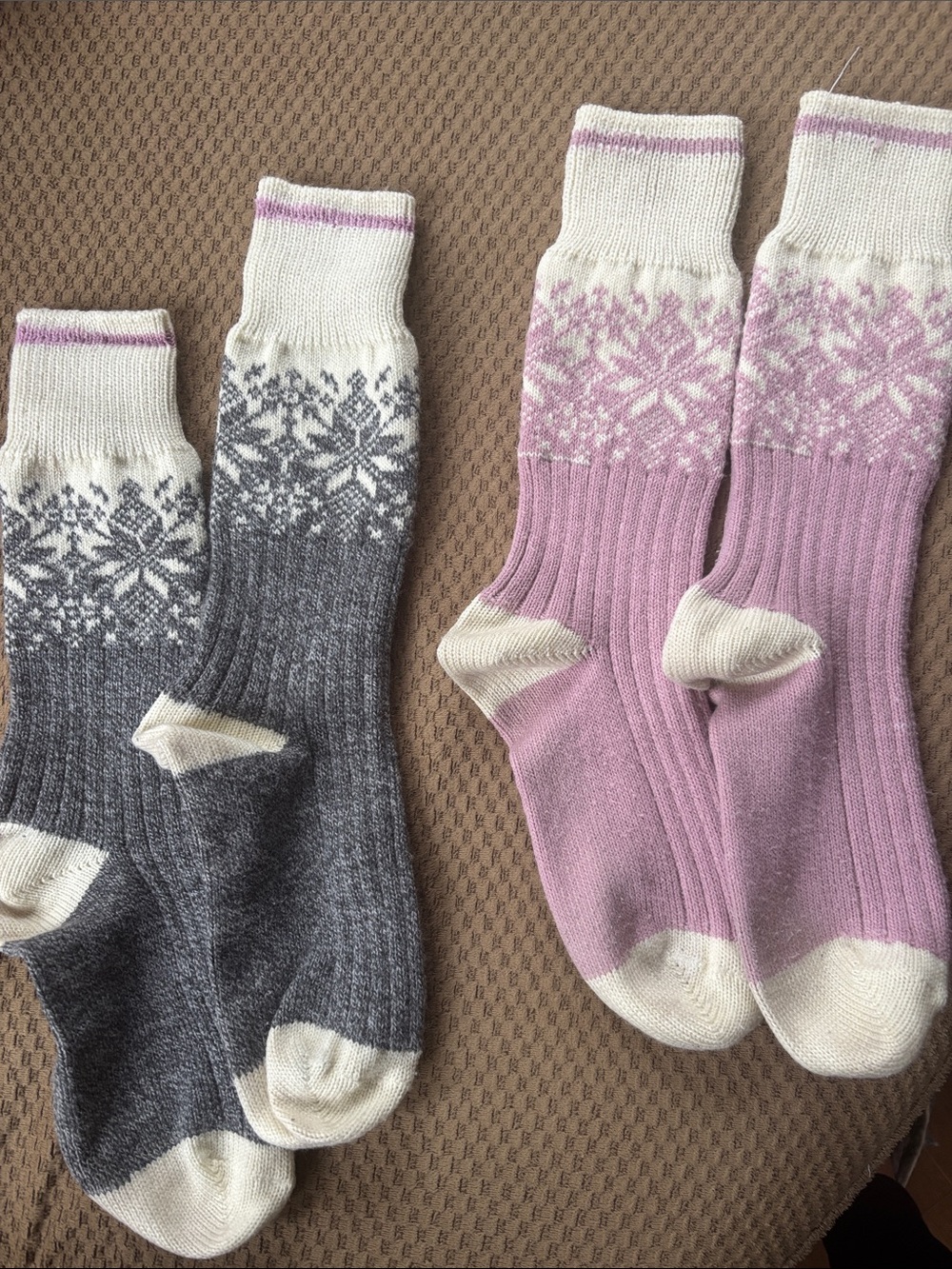 Roots Fair Isle Crew Socks in Pink, Gray and Cream